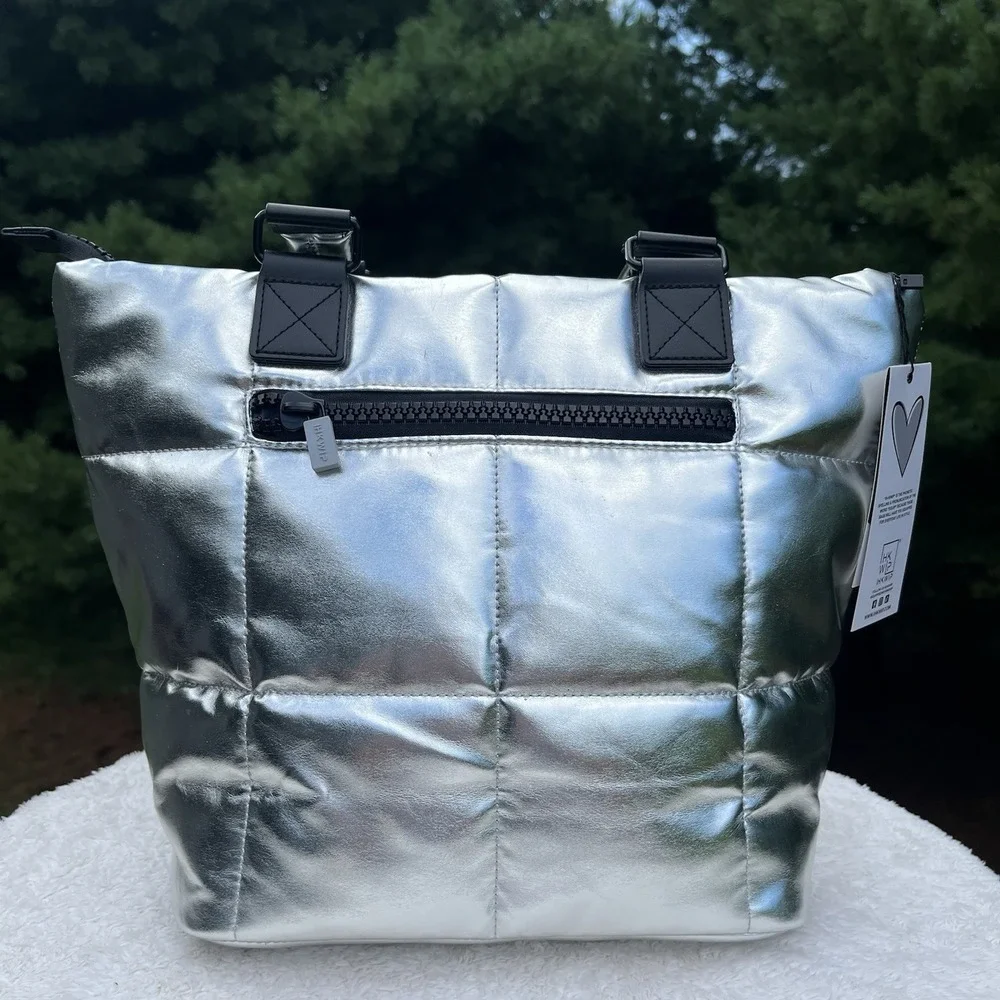 IHKWIP Checkmate Quilted Shoulder Tote 2 Crossbody Straps Silver Foil New w Tags